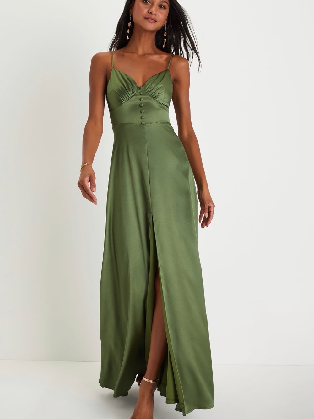 Lulus Refined Perfection Olive Green Satin Sleeveless Maxi Dress